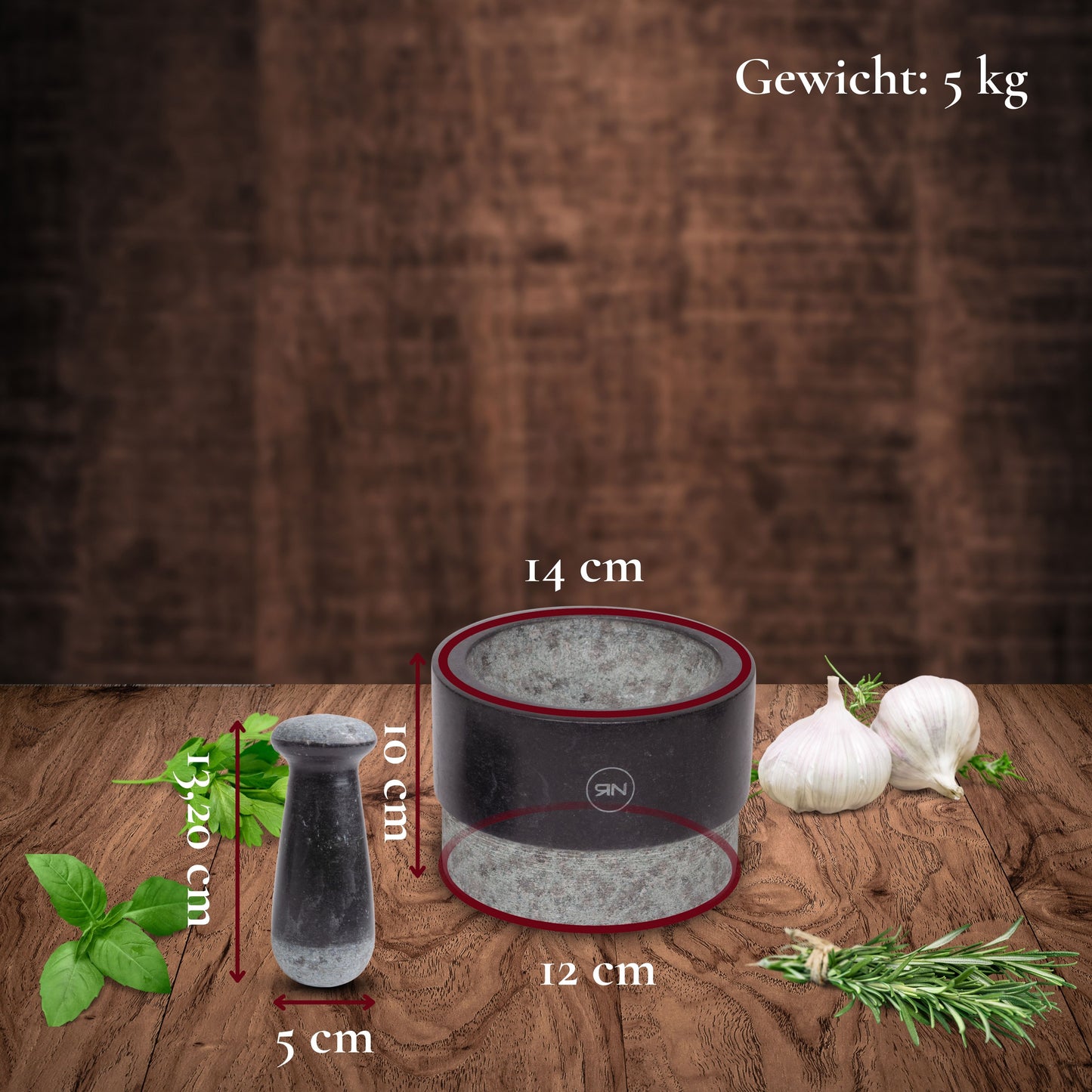 Vijzel en stamper incl. beschermmat