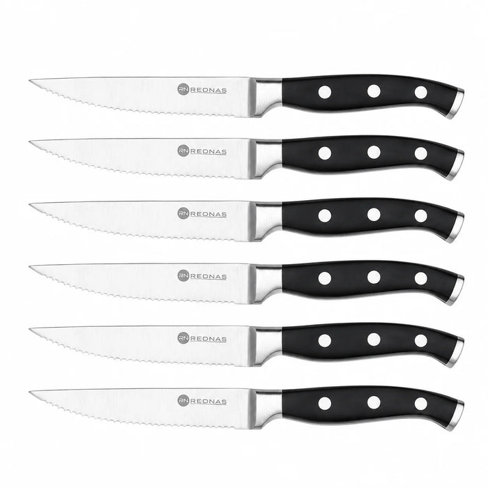 Rednas steakmessen set 6-delig in luxe giftbox — zes RVS steakmessen met houten greep en beschermers in rode geschenkdoos
