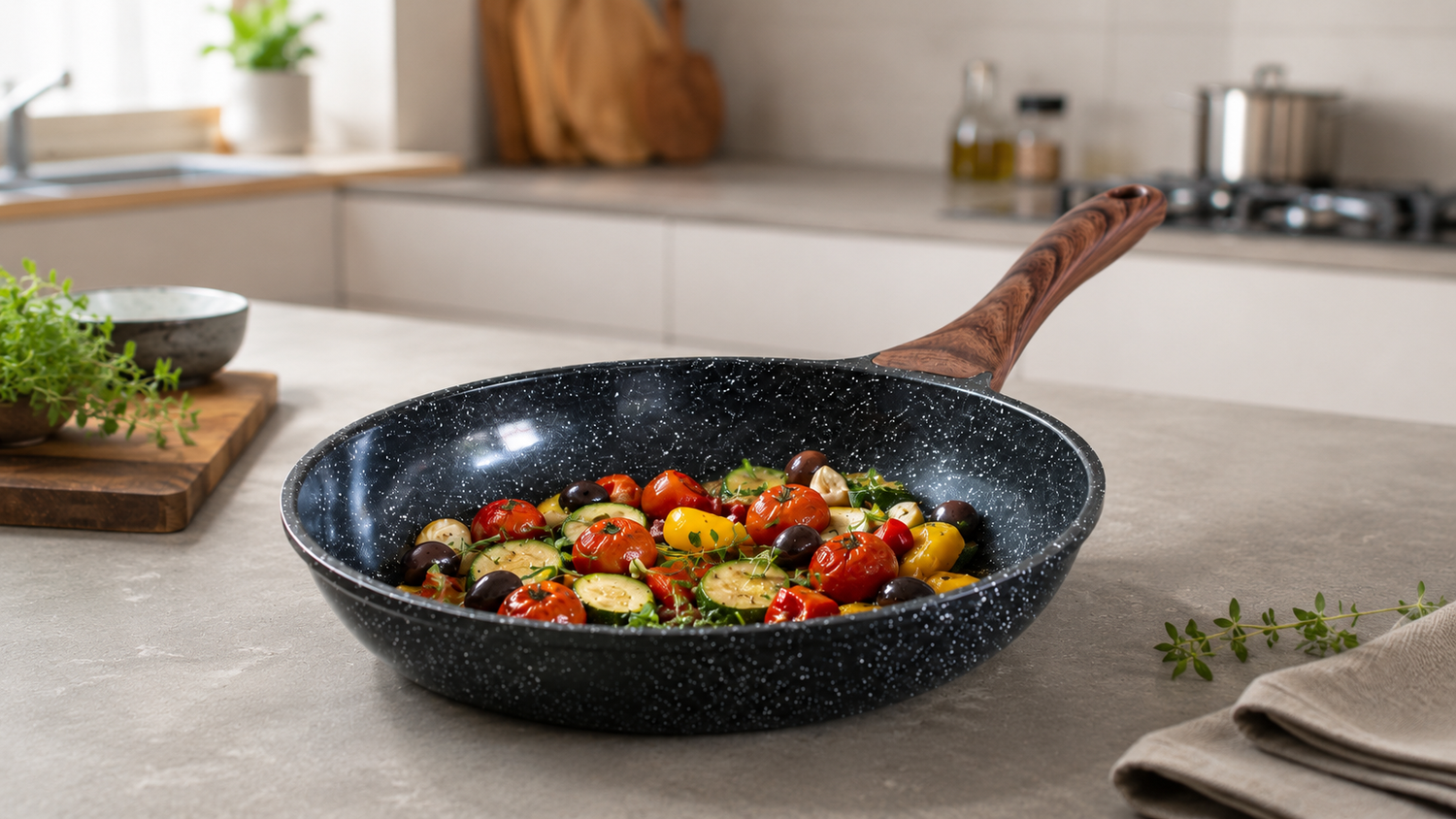 Rednas CeramiWood keramische koekenpan met graniet coating en houten handgreep, gevuld met geroosterde groenten — tomaten, courgette en olijven