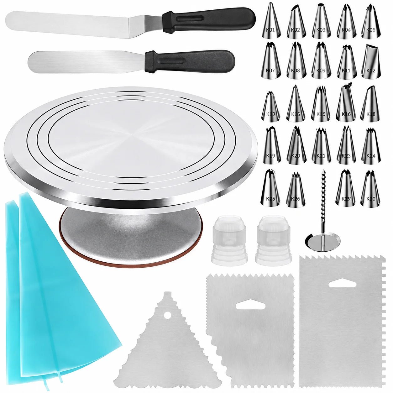 Rednas draaibaar taartplateau met decoratieset 35-delig — draaibaar taartplateau met spuitmondjes, spatels en schrapers