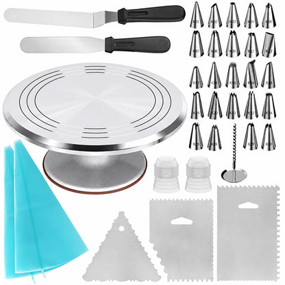 Rednas draaibaar taartplateau met decoratieset 35-delig — draaibaar taartplateau met spuitmondjes, spatels en schrapers