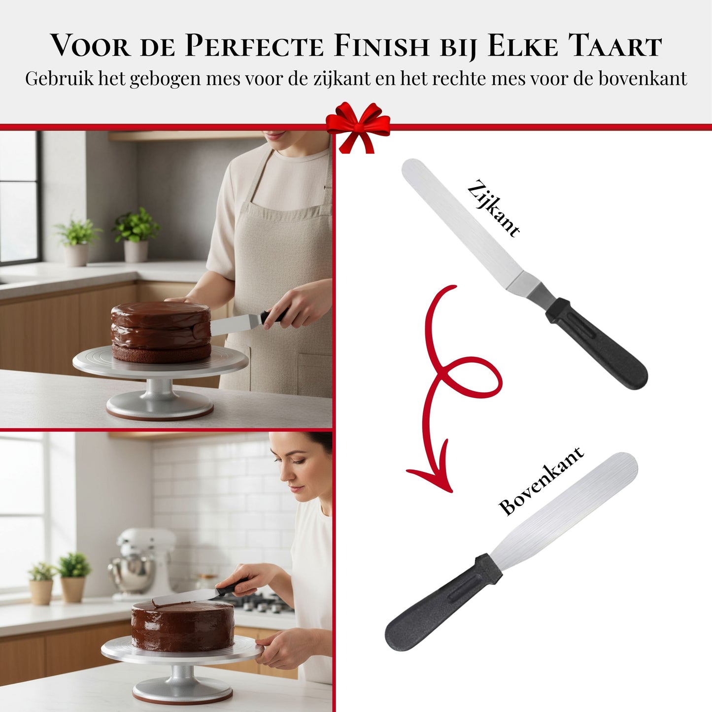 Draaibaar Rednas taartplateau met taart waarbij afstrijkmessen worden gebruikt voor een strakke afwerking van de zijkant en bovenkant.