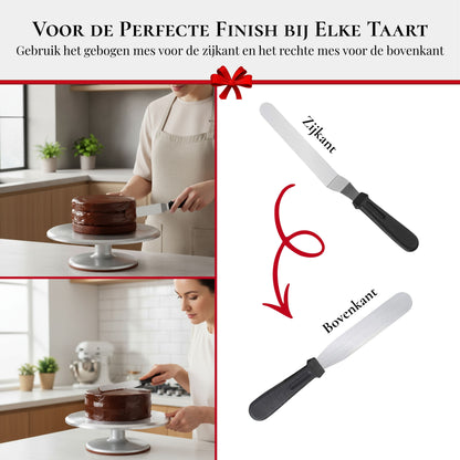 Draaibaar Rednas taartplateau met taart waarbij afstrijkmessen worden gebruikt voor een strakke afwerking van de zijkant en bovenkant.