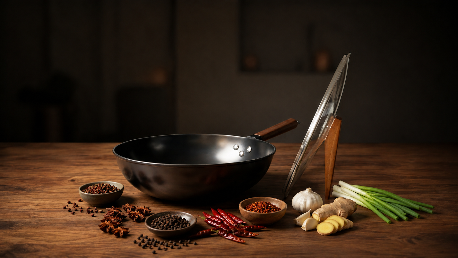 Rednas Takumi Wokpan 32cm met Japans design, PFAS-vrije keramische coating, inclusief glazen deksel en houten handgreep — op donker eikenhout met verse roerbak-ingrediënten