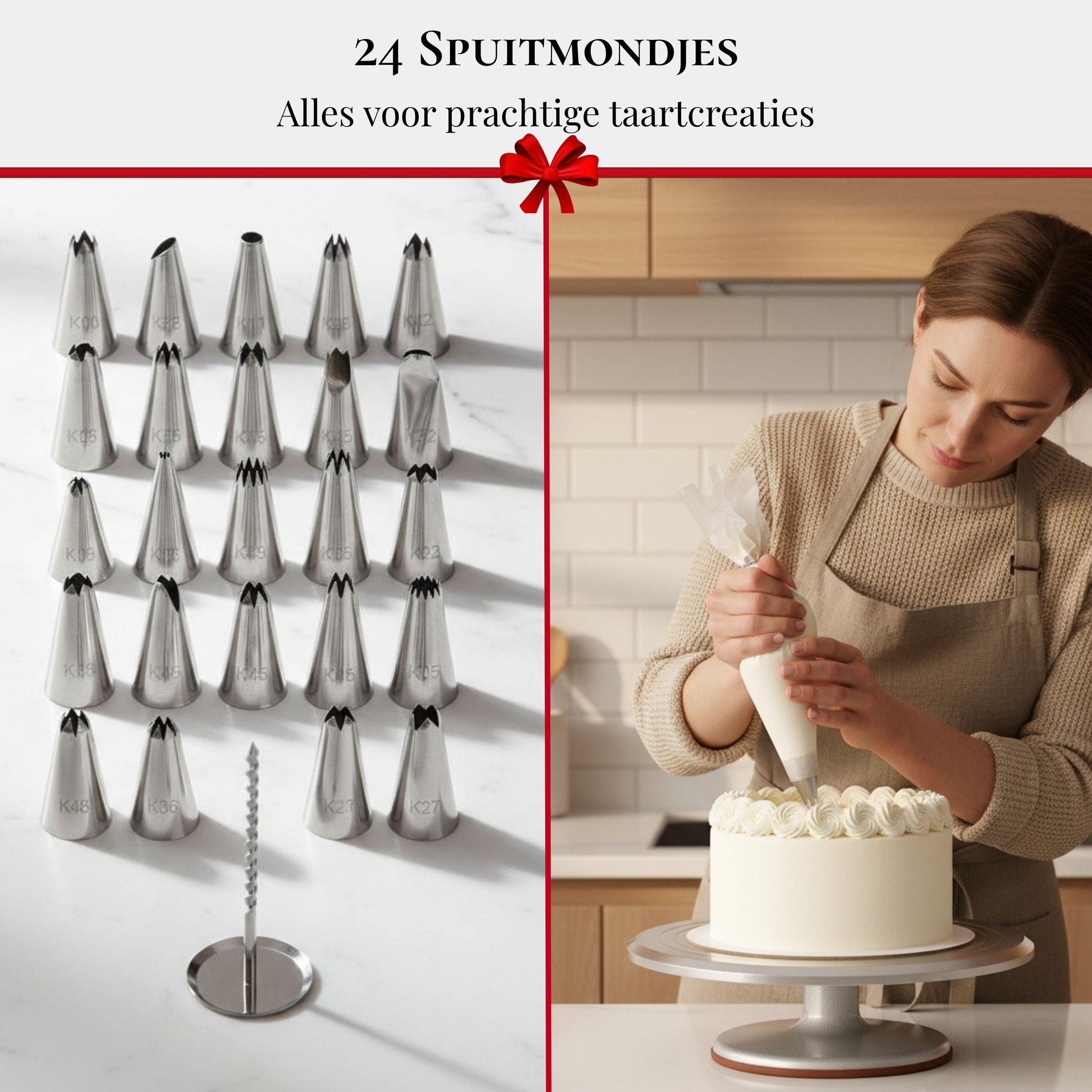 Taartdecoratie met spuitmondjes uit de set, gebruikt op een draaibaar taartplateau voor gelijkmatige en professionele afwerking.