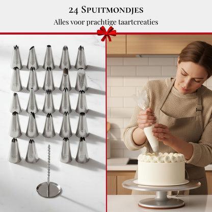 Taartdecoratie met spuitmondjes uit de set, gebruikt op een draaibaar taartplateau voor gelijkmatige en professionele afwerking.