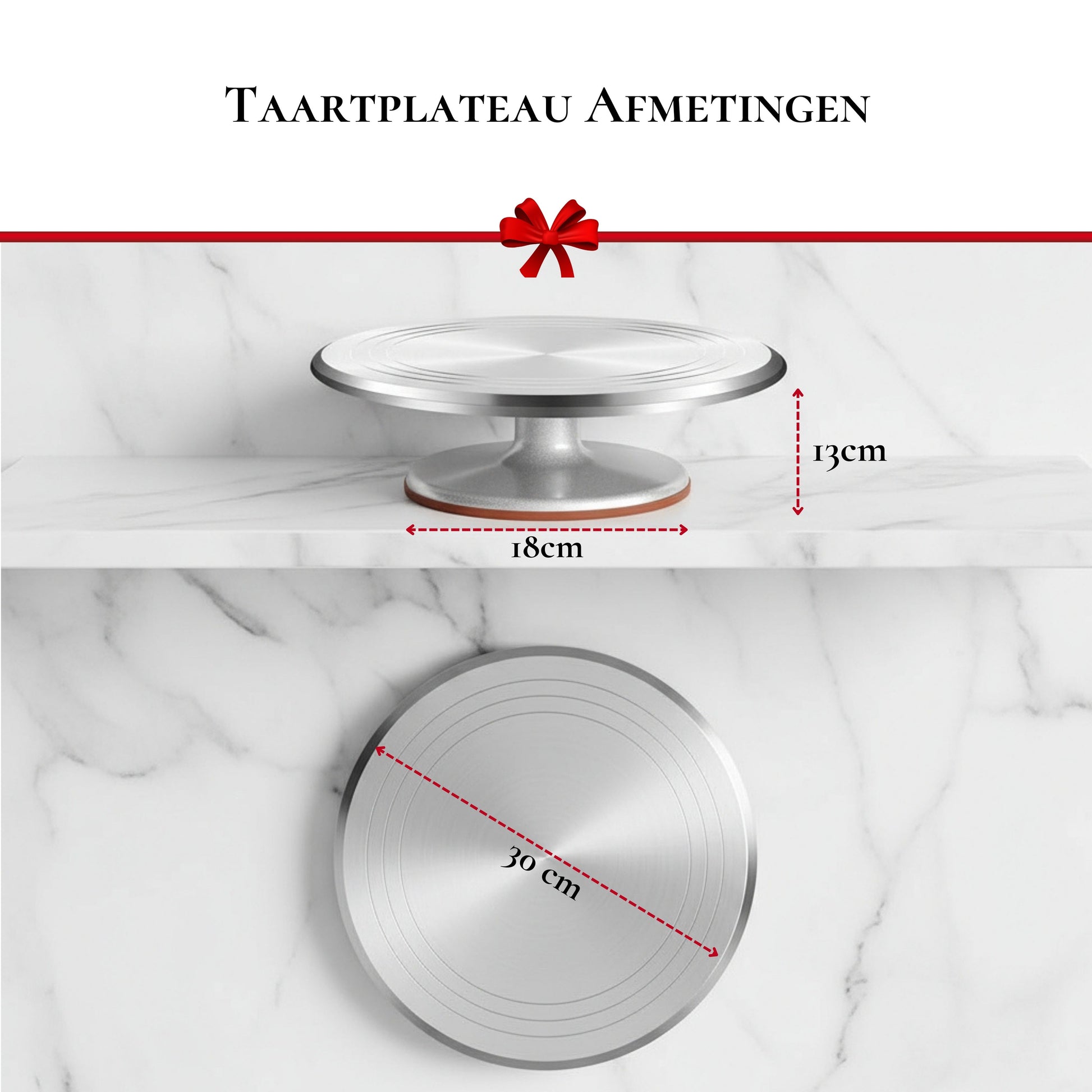 Draaibaar aluminium taartplateau met duidelijke afmetingen van 30 cm diameter en stabiele voet, ideaal voor het decoreren van taarten.