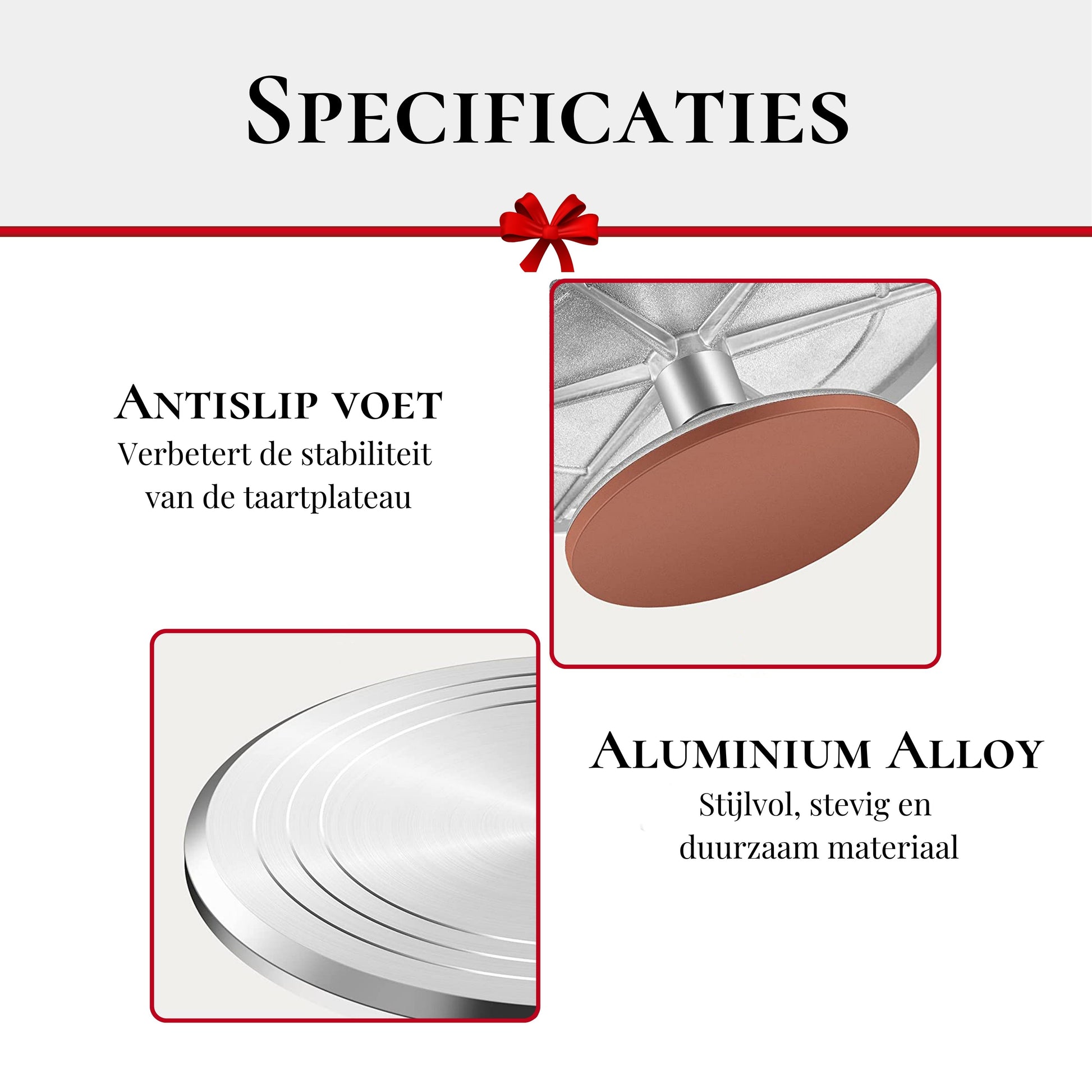 Draaibaar taartplateau van aluminium alloy met antislip voet voor extra stabiliteit tijdens het decoreren en serveren van taarten.