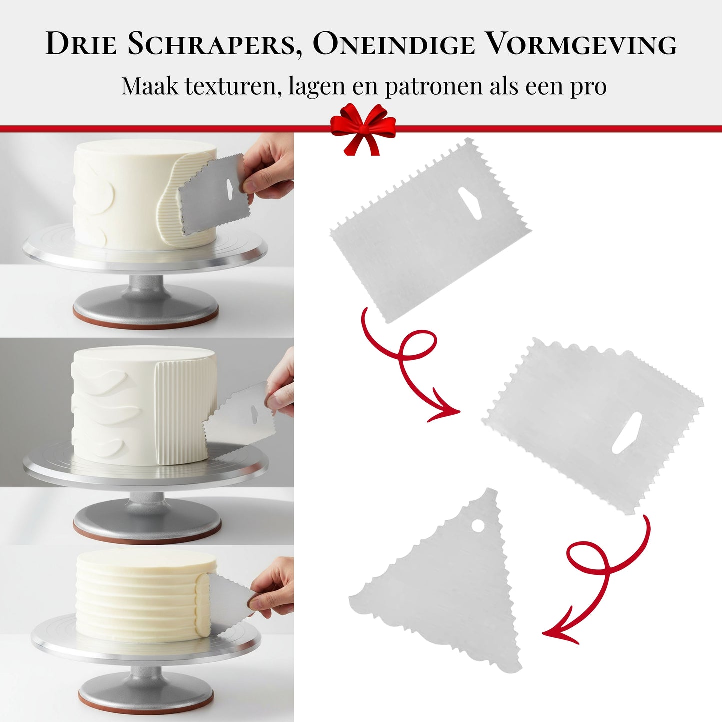 Taartplateau met drie verschillende scrapers om texturen en patronen aan te brengen tijdens het decoreren van taarten als een professional.