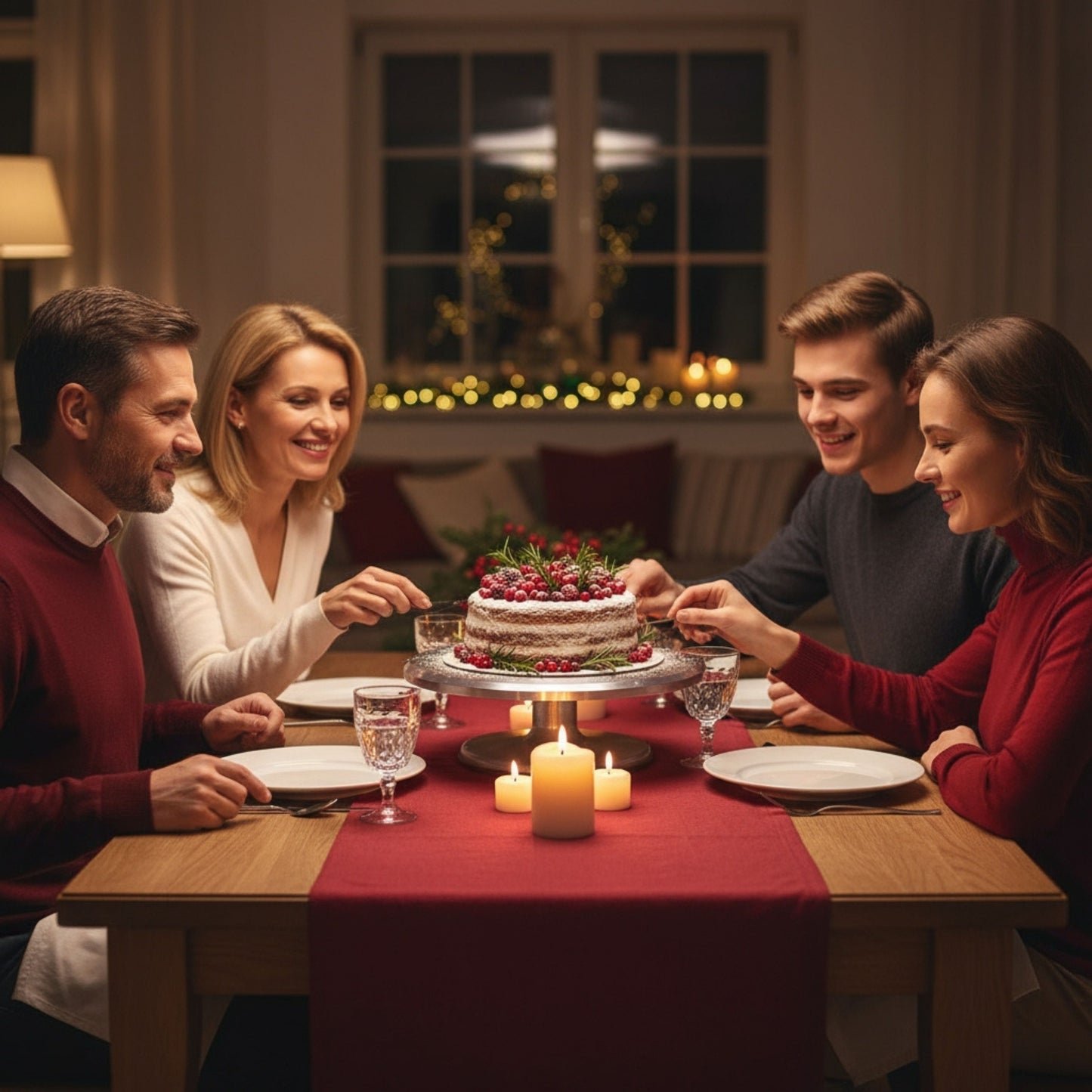 Feestelijk gedekte tafel met taart op een draaibaar taartplateau, ideaal voor serveren tijdens diners en speciale gelegenheden.